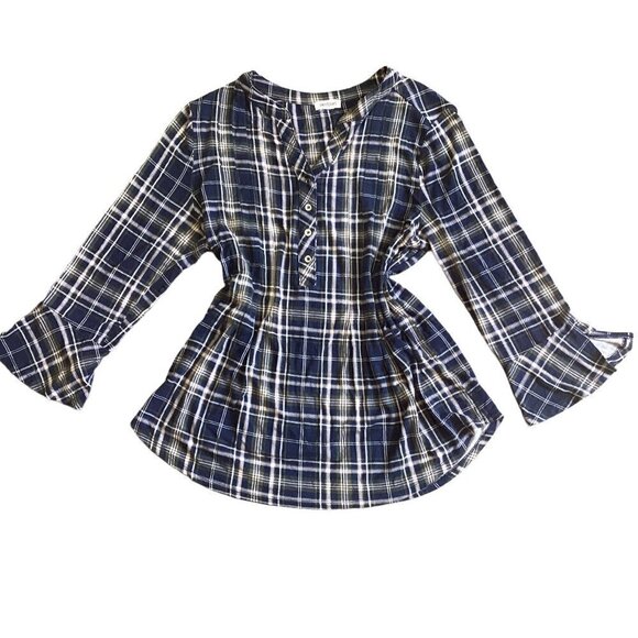 Westport Soft Plaid 3/4 Bell Sleeve Peplum Front V-Neck Button Top Sz PL #18P - Picture 2 of 9